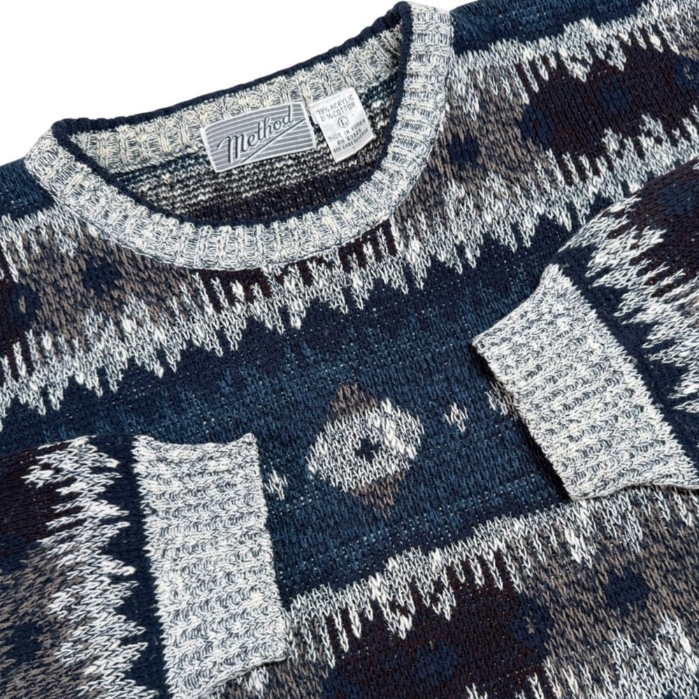Vintage Method Mens Large Sweater Blue Grandpacore Geometric‎ Fair Isle Acrylic